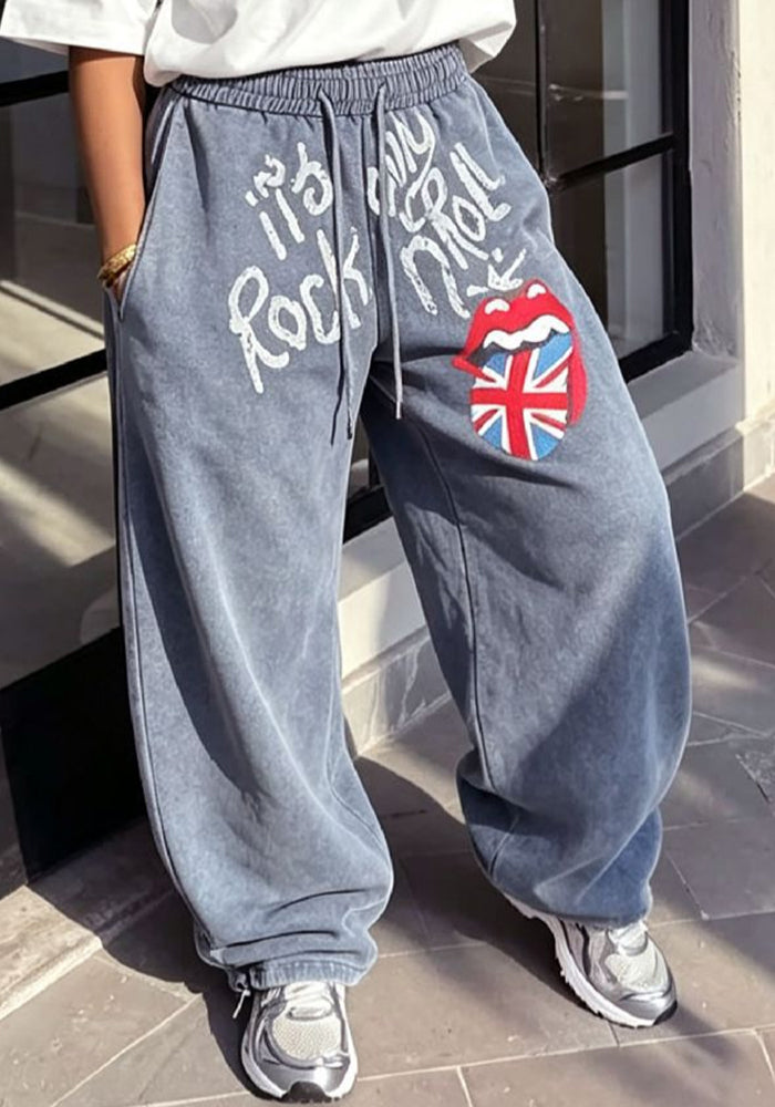 Lip Letter Print Washed Cuffed Sweatpants for Casual Streetwear