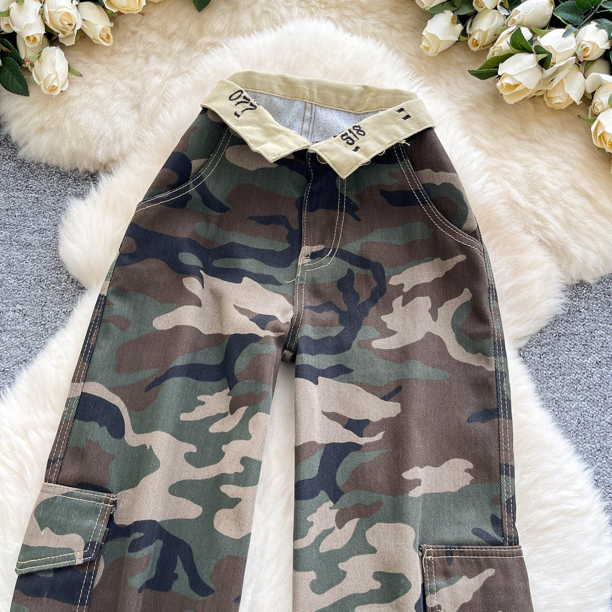 Camouflage Print Cargo Wide-Leg Denim Pants for Autumn Streetwear