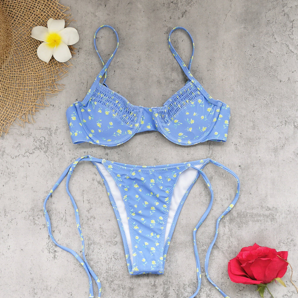 Printed Strapless Lace-Up Two-Piece Bikini Swimsuit Set