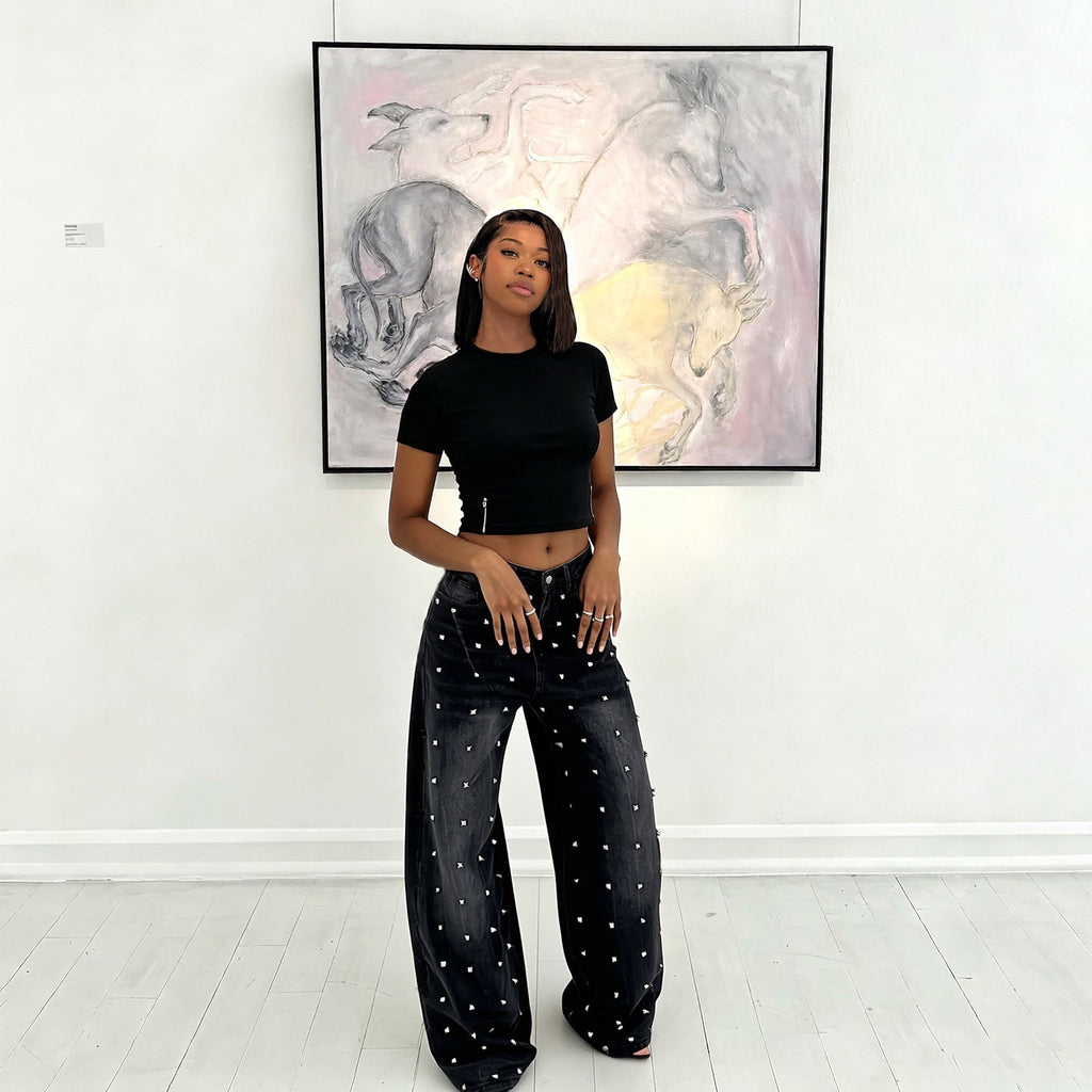 Washed Studded Loose-Fit Wide-Leg Denim Pants for Streetwear