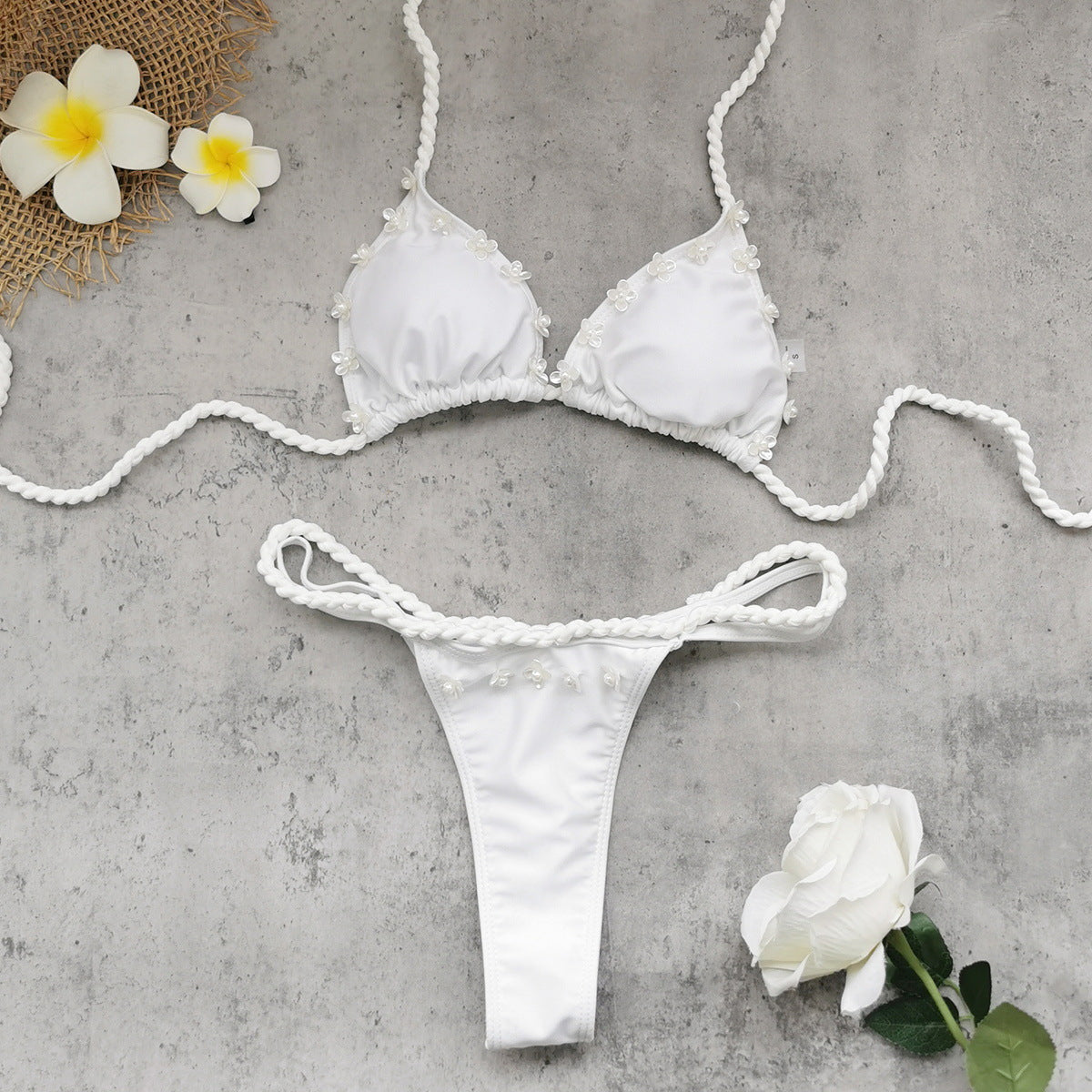White Rope Lace-Up Backless Two-Piece Bikini for Pool Parties