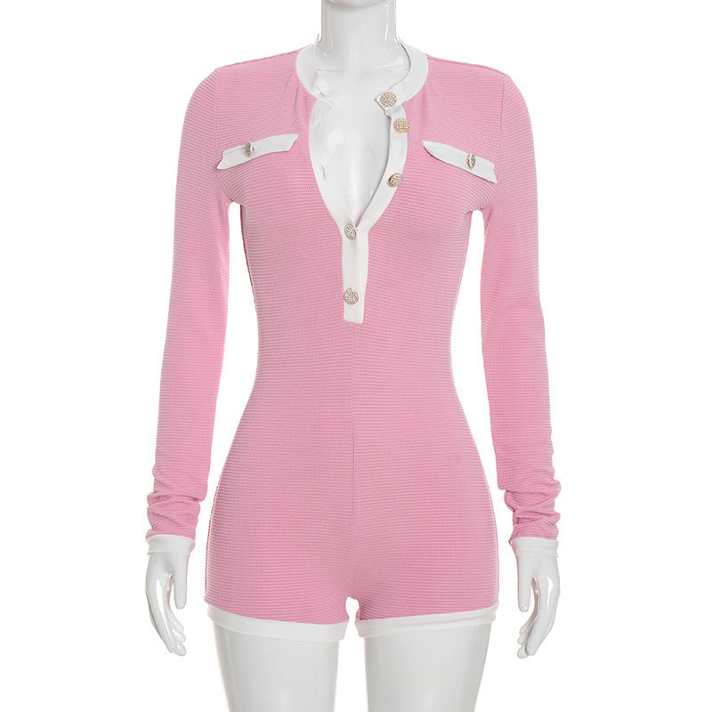 Color-Blocked Button Long-Sleeve Romper for Autumn Casual Wear