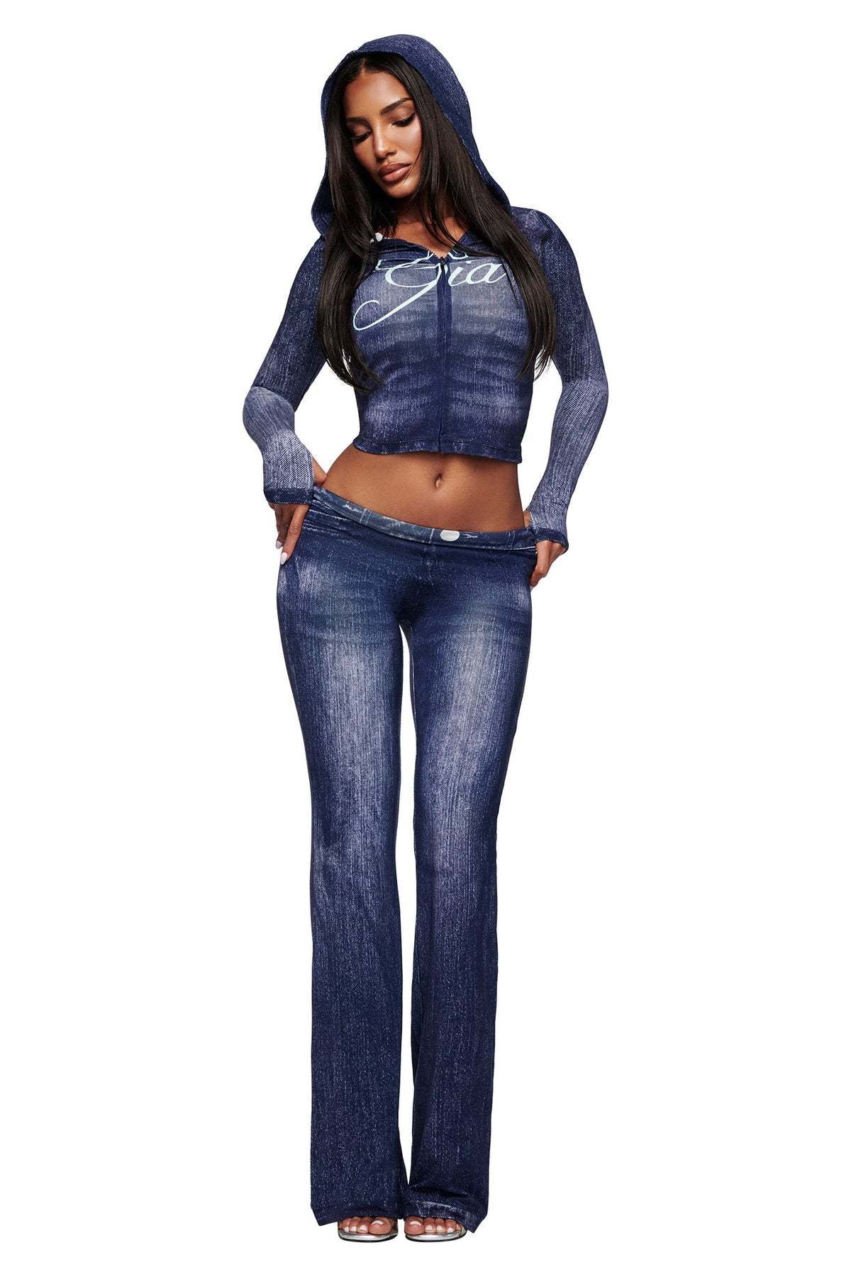 Printed Zip-Up Hoodie & Bodycon Pants Set for Casual Activewear