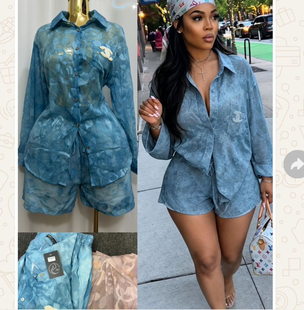 Plus Size Printed Chiffon Long Sleeve Shirt & Shorts Two-Piece Set for Summer