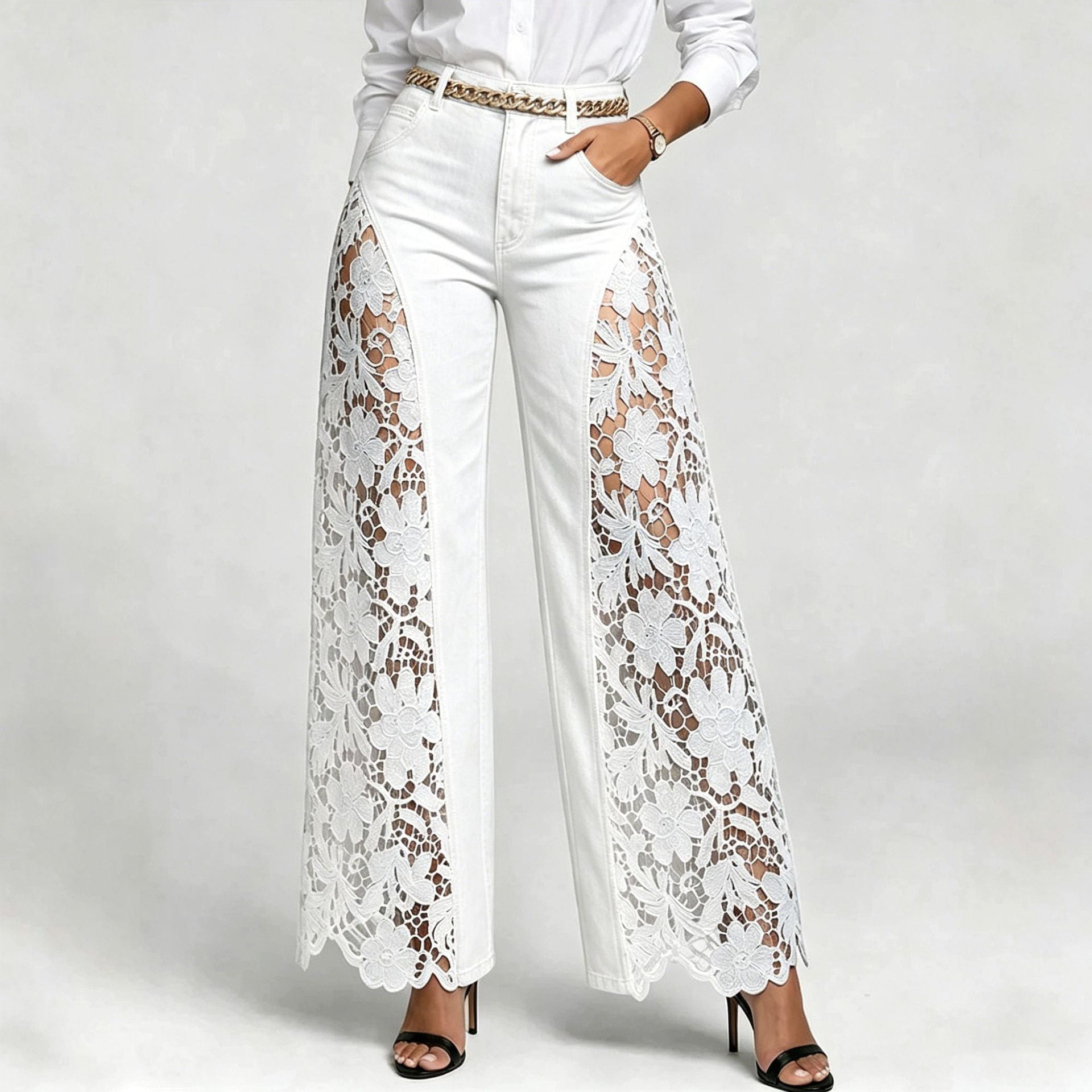 Patchwork Hollow-Out Floral Lace See-Through Bell Bottom Pants for Clubwear