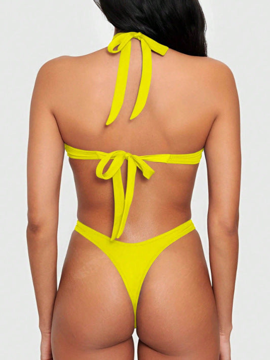 One-Piece Halter Neck Lace-Up Cutout Push-Up Swimsuit for Summer Beachwear