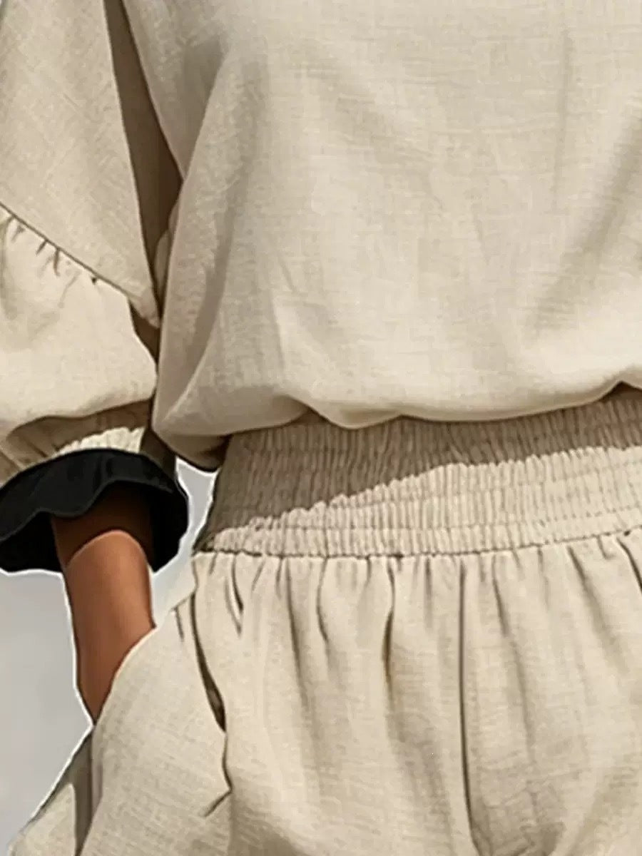 Color-Block Ruffle Linen Round-Neck Lantern-Sleeve Top & High-Waisted Pocket Shorts Two-Piece Set