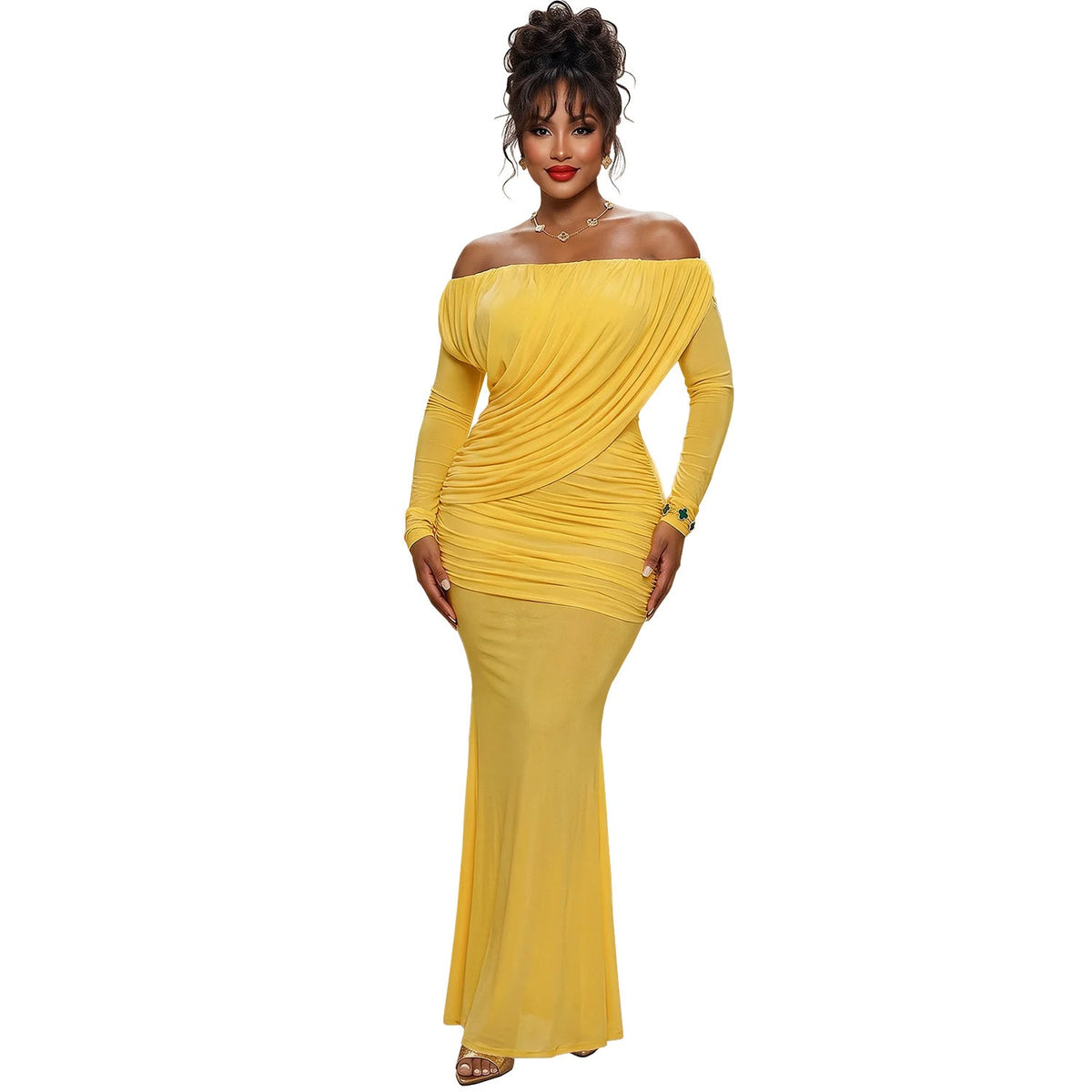 Mesh Off-Shoulder Ruched Long Sleeve Bodycon Dress for Formal Parties