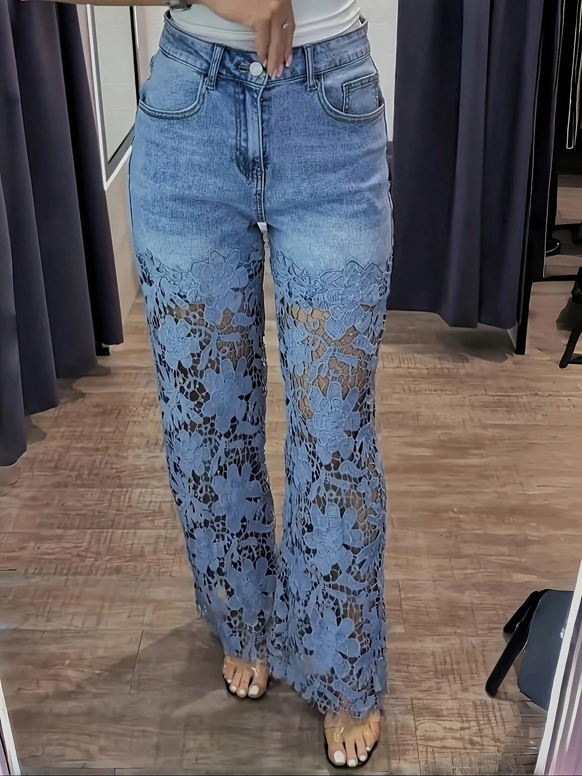 Washed Hollow-Out Lace High Waist Straight Leg Denim Pants for Casual Wear