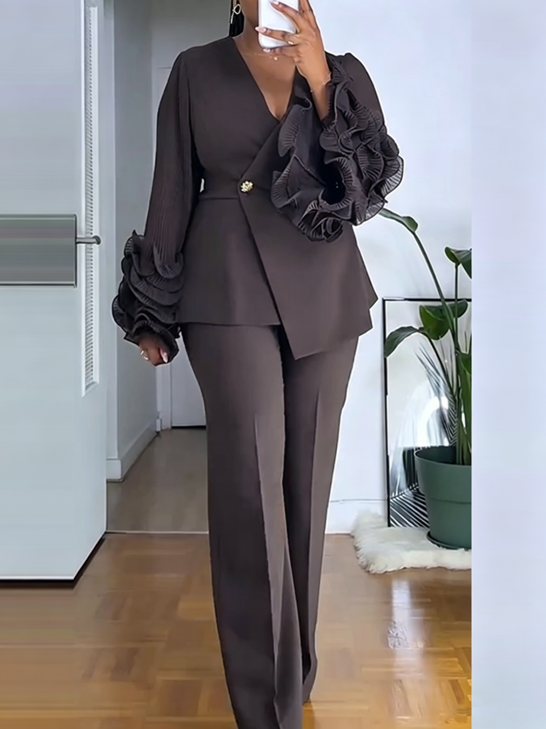 Long Sleeve Blazer & Ruffled Pants Two-Piece Set for Spring & Summer
