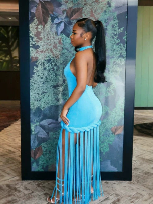 Fringed Halter Neck Maxi Dress for Formal Parties