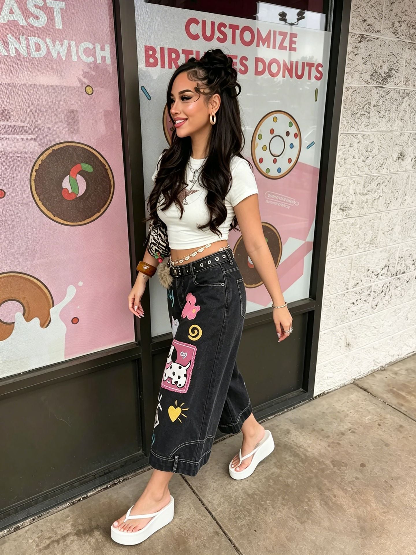 Puppy Cartoon Embroidered Capri Denim Pants for Casual Streetwear