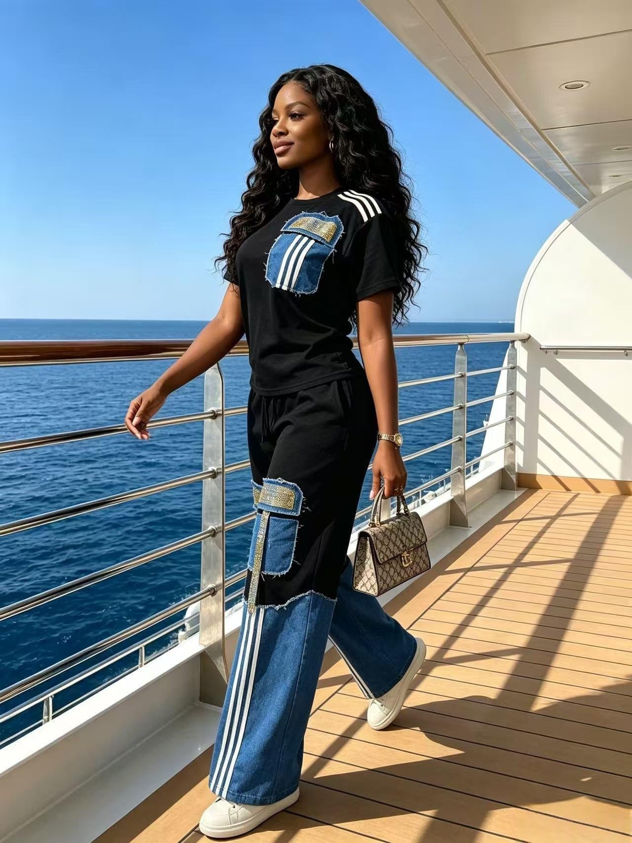 Denim Patchwork Beaded Short-Sleeve Top & Wide-Leg Pants Set for Summer