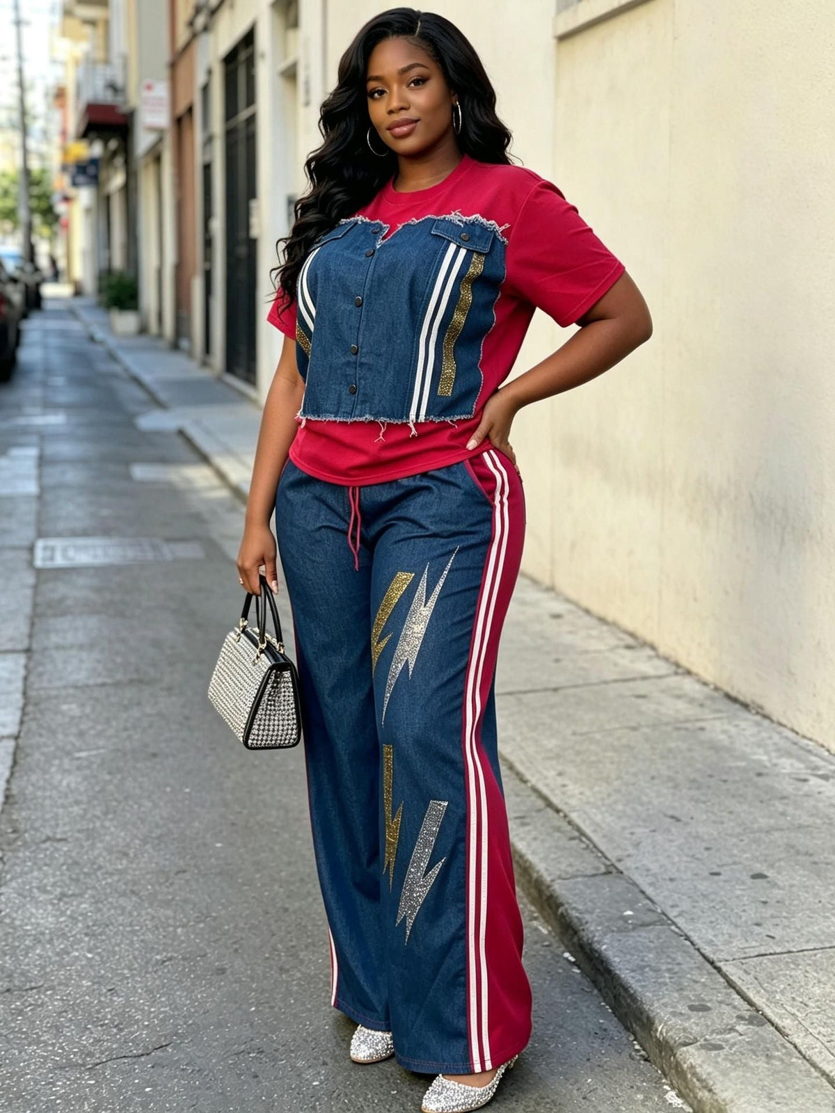 Plus Size Denim Patchwork Short Sleeve Top & Beaded Wide Leg Pants Set