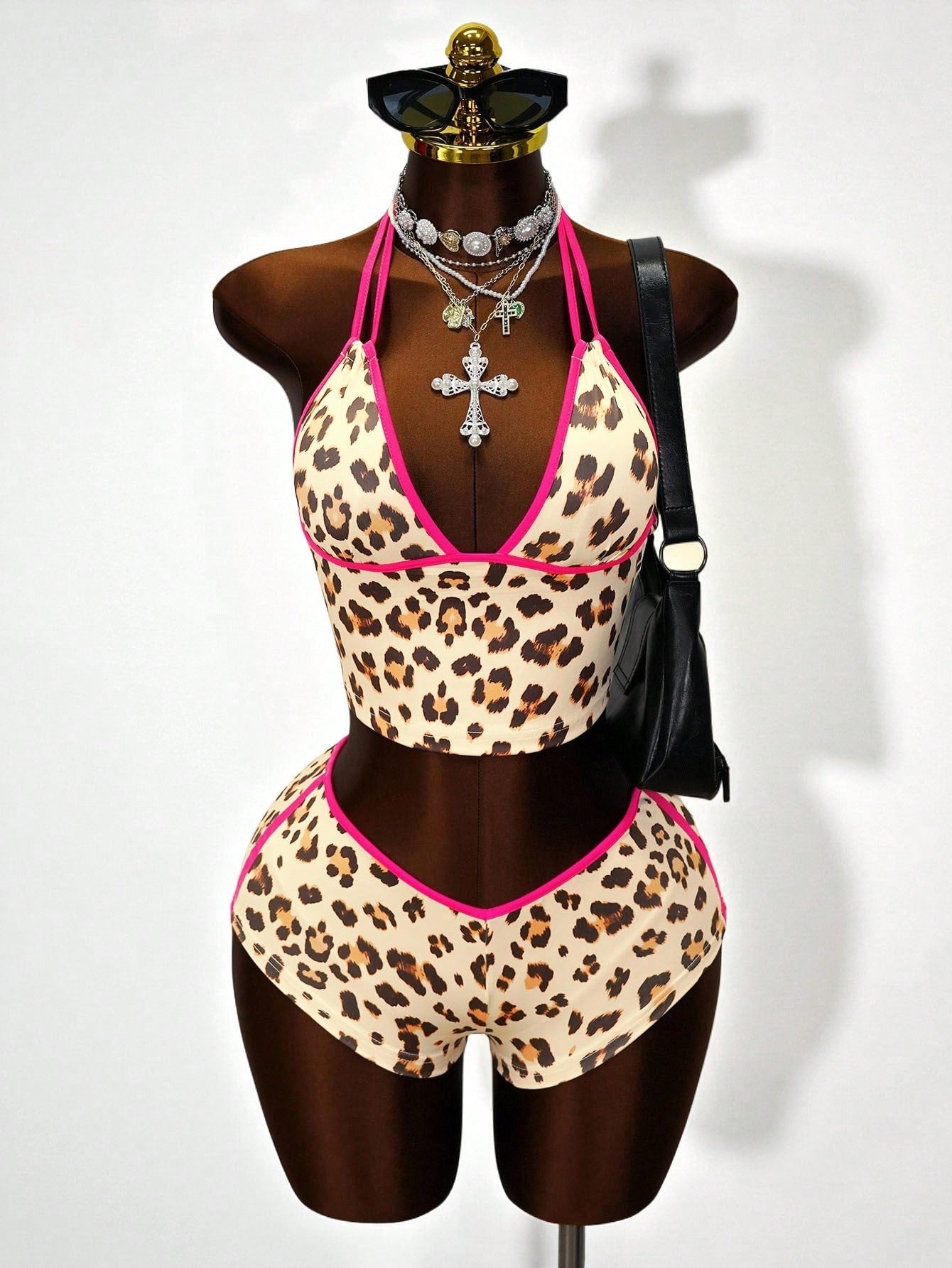 Leopard Print V-Neck Spaghetti Strap Top & Shorts Set for Casual Wear