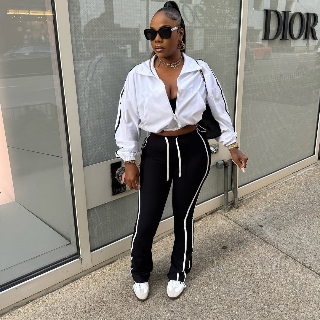 Stretchy Side White Stripe Drawstring Bell Bottom Pants for Casual Activewear