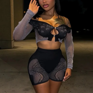 Mesh Long Sleeve Top & Shorts Set
