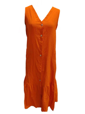 Single-breasted Sleeveless Pocketed Cotton Dress