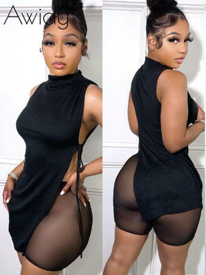 Mock-Neck Sleeveless Top & Sheer Shorts Set Black
