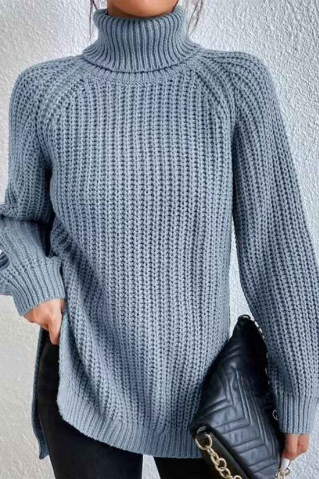 Raglan Sleeve Turtleneck Slit Mid-Length Sweater