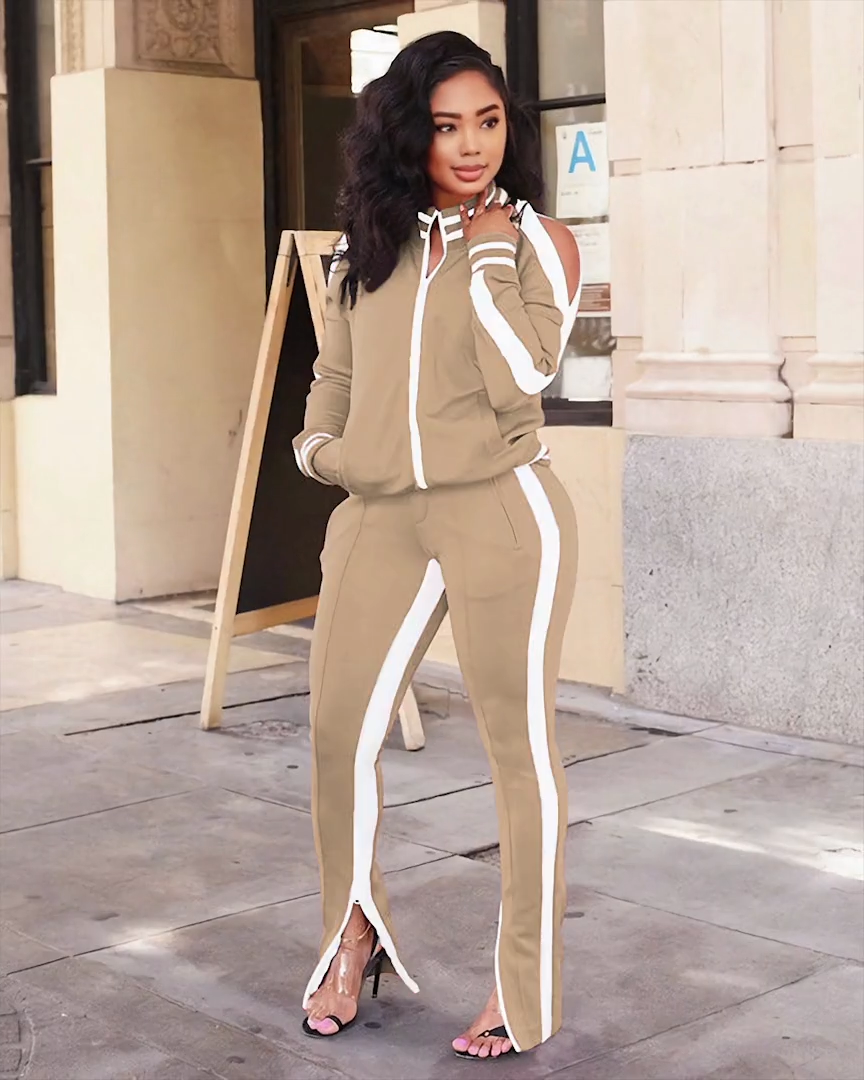 SHE GOT GAME Track Jogger Set Khaki White