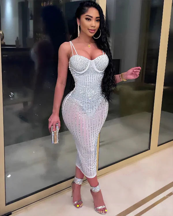 VICTORIANA MESH RHINESTONES DRESS WHITE