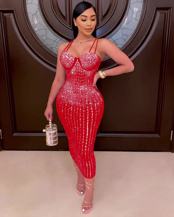 VICTORIANA MESH RHINESTONES DRESS RED
