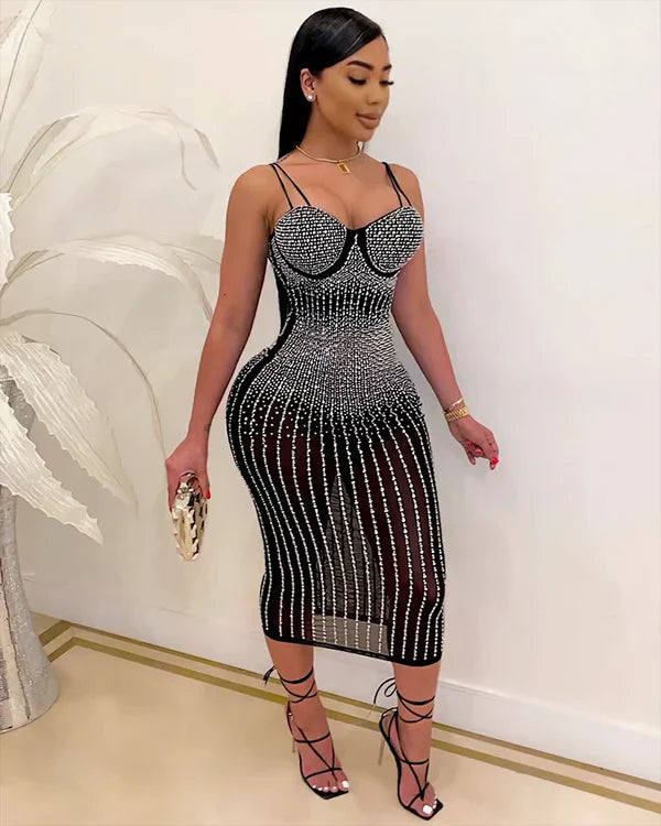 VICTORIANA MESH RHINESTONES DRESS BLACK