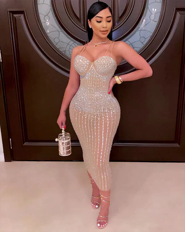VICTORIANA MESH RHINESTONES DRESS NUDE