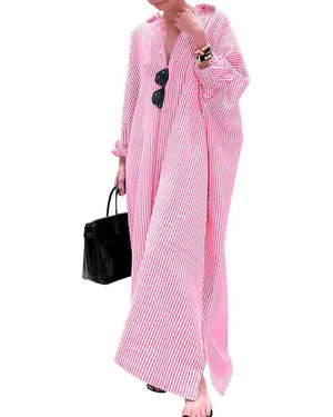 Striped Button Long Casual Shirt Dress Pink