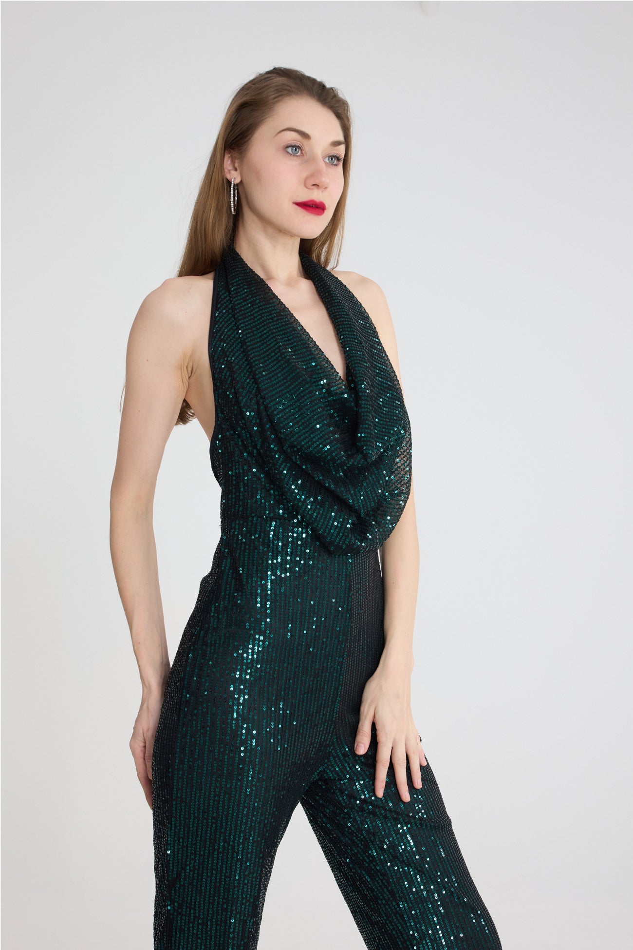 Sequin Cowl Neck Backless Jumpsuits