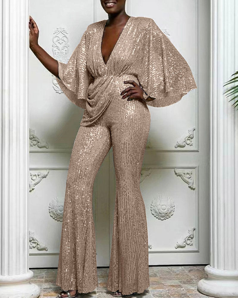 Shiny Sequin Flare Leg Jumpsuit Champagne