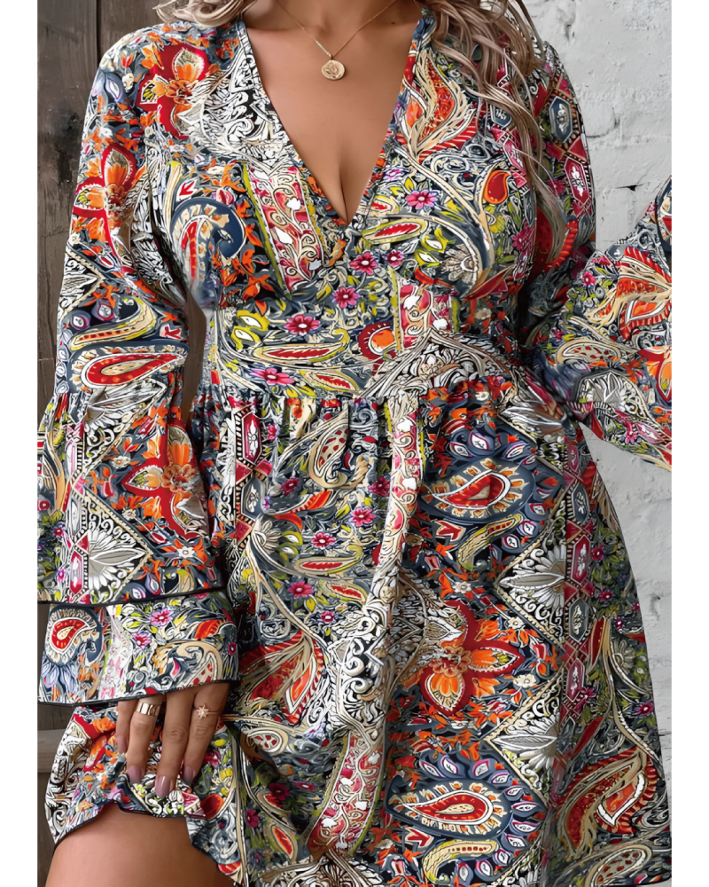 Boho V-Neck Bell Sleeve Mini Dress Yellow