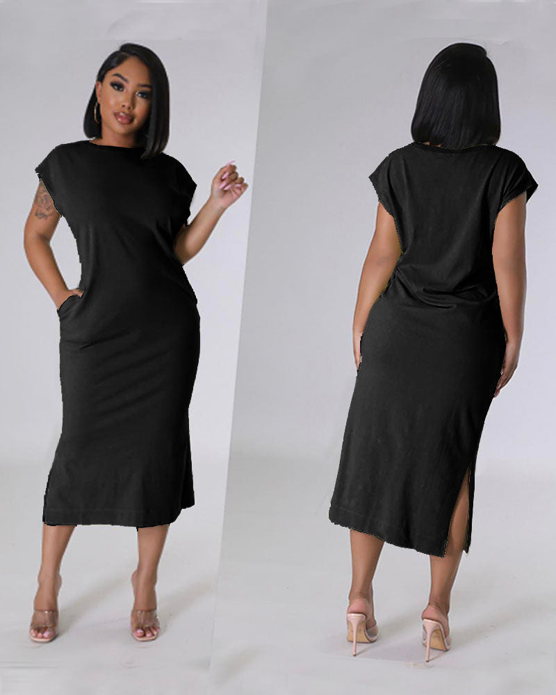 Side Slit T-Shirt Midi Dress Black