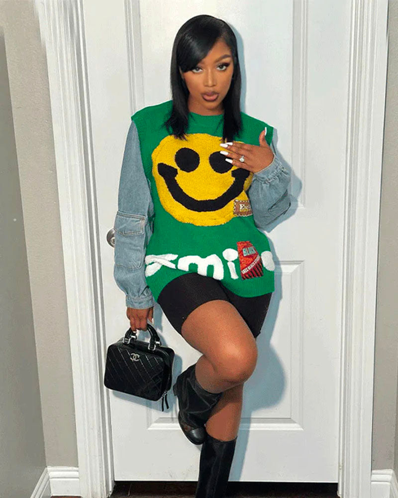Smile For Me Denim Sweater Green One Size