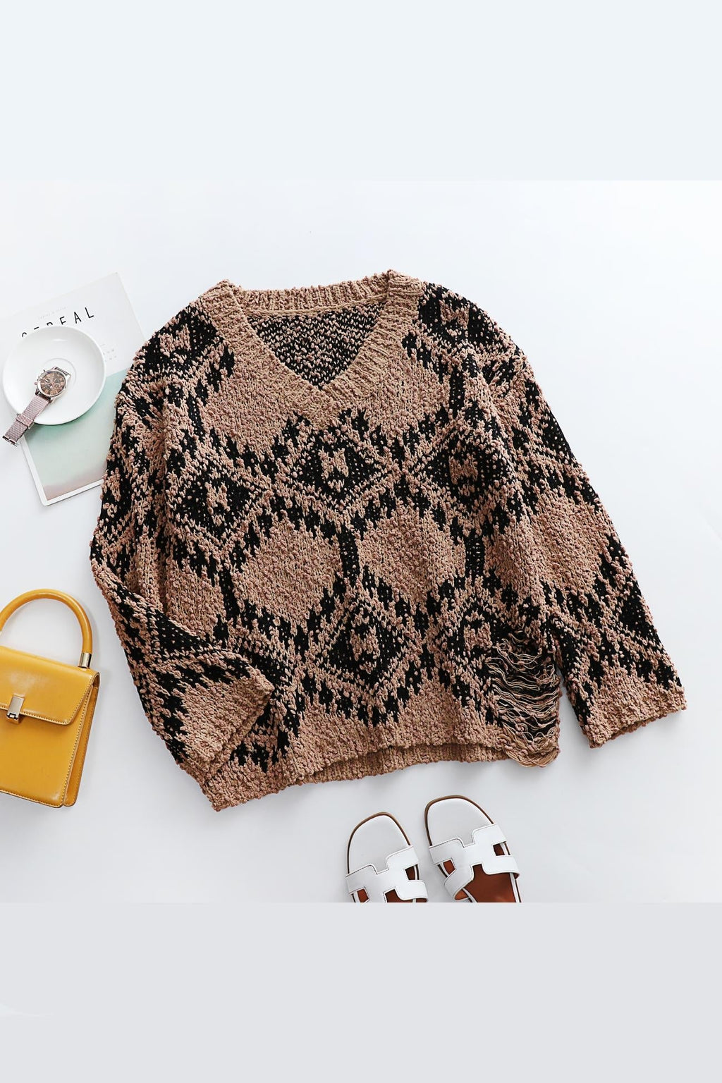 V-neckline Intarsia Knitted Top